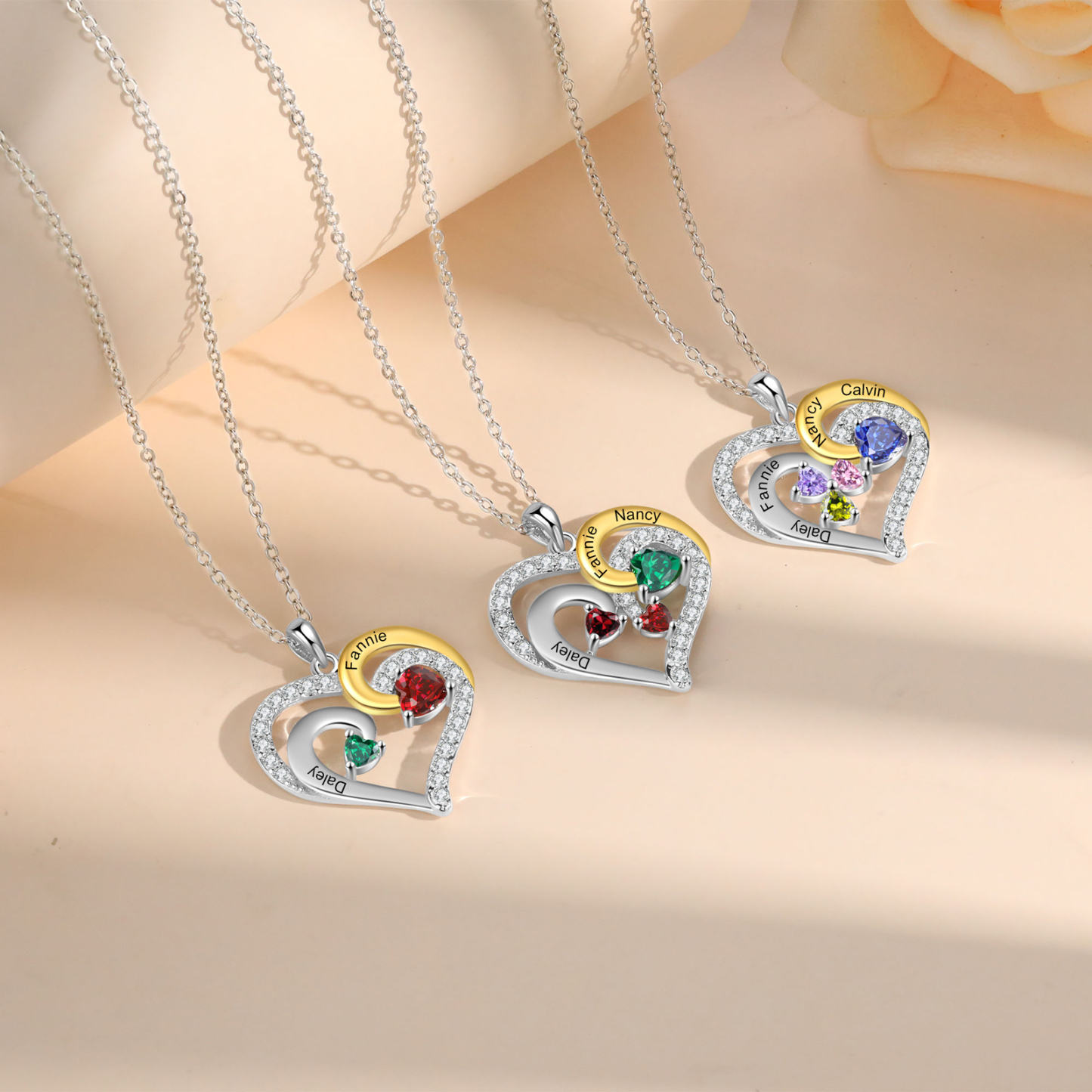 Personalisierte 2-4 Namen & Geburtssteinen Silberne & Goldene Doppelherz-Halskette mit Zirkonia