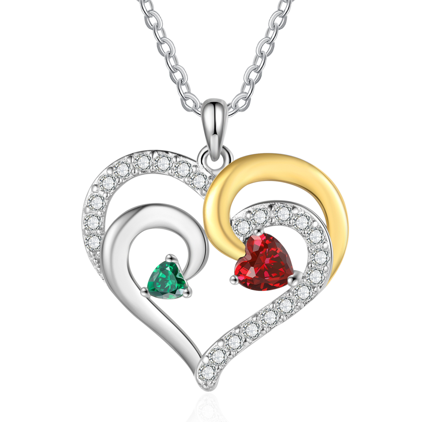 Personalisierte 2-4 Namen & Geburtssteinen Silberne & Goldene Doppelherz-Halskette mit Zirkonia