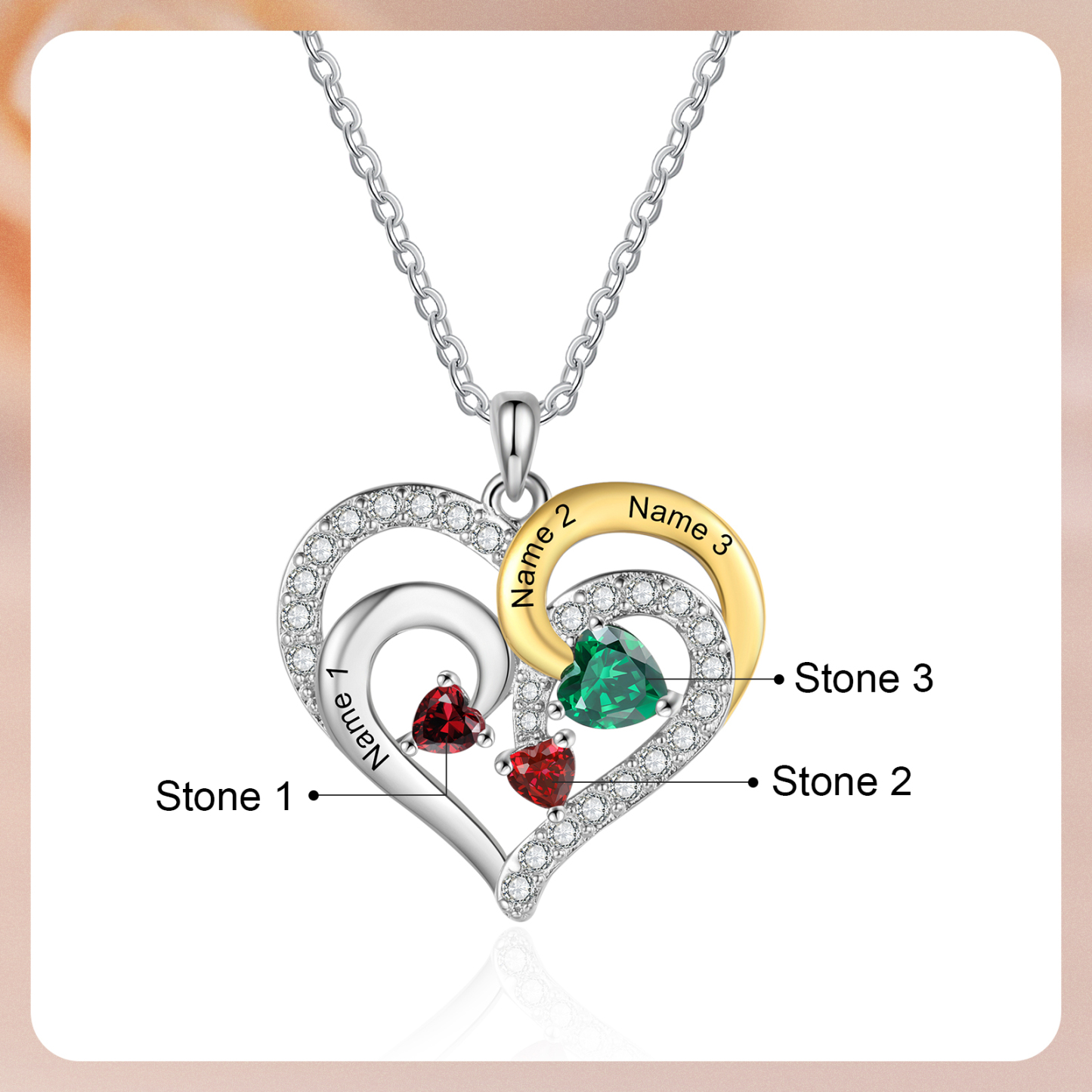 Personalisierte 2-4 Namen & Geburtssteinen Silberne & Goldene Doppelherz-Halskette mit Zirkonia
