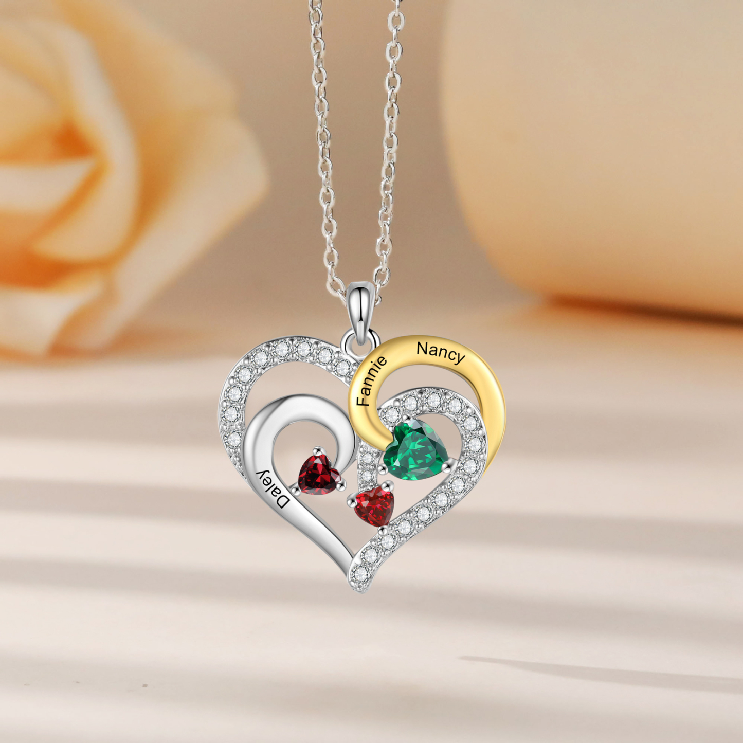 Personalisierte 2-4 Namen & Geburtssteinen Silberne & Goldene Doppelherz-Halskette mit Zirkonia