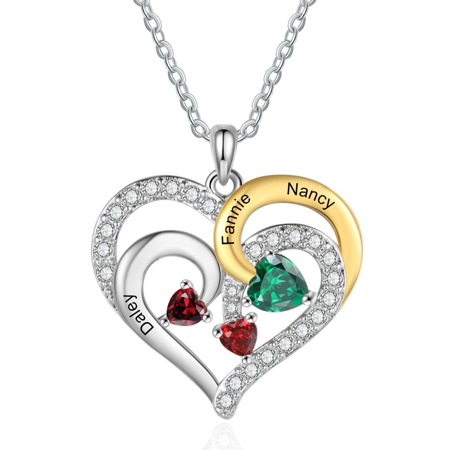 Personalisierte 2-4 Namen & Geburtssteinen Silberne & Goldene Doppelherz-Halskette mit Zirkonia