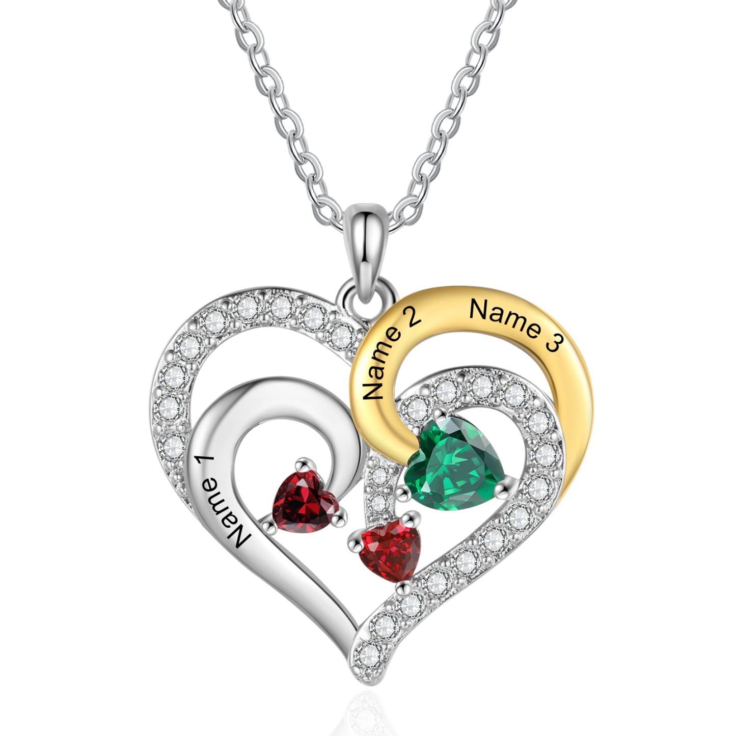 Personalisierte 2-4 Namen & Geburtssteinen Silberne & Goldene Doppelherz-Halskette mit Zirkonia