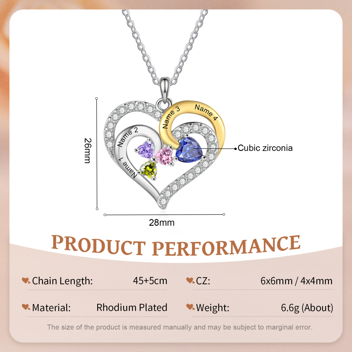 Personalisierte 2-4 Namen & Geburtssteinen Silberne & Goldene Doppelherz-Halskette mit Zirkonia