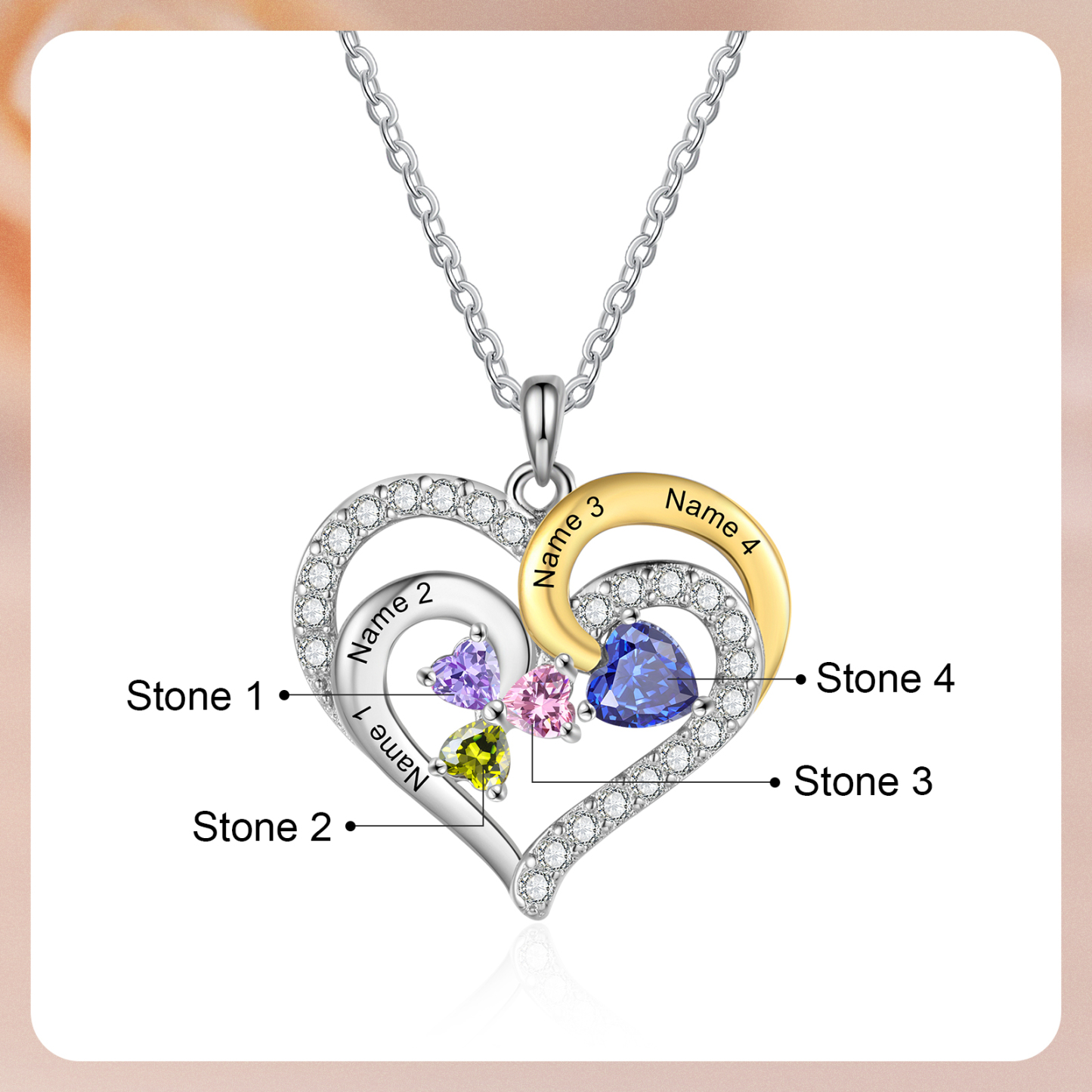 Personalisierte 2-4 Namen & Geburtssteinen Silberne & Goldene Doppelherz-Halskette mit Zirkonia