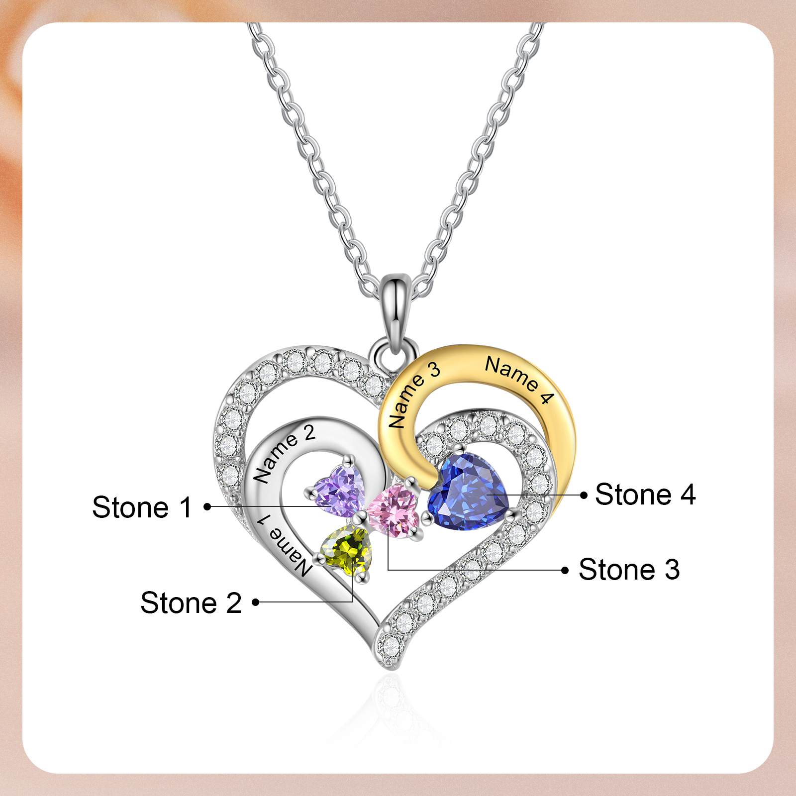 Personalisierte 2-4 Namen & Geburtssteinen Silberne & Goldene Doppelherz-Halskette mit Zirkonia