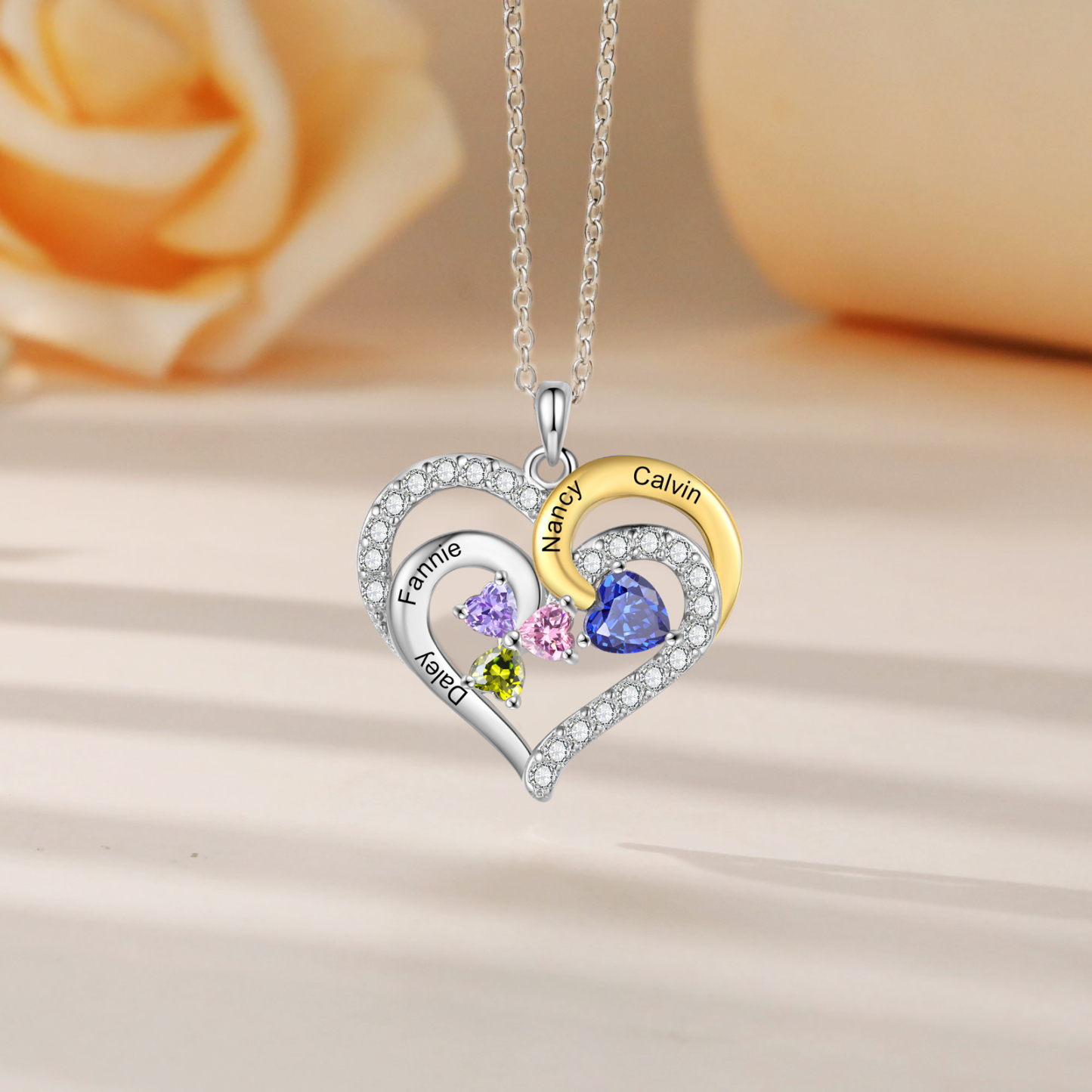 Personalisierte 2-4 Namen & Geburtssteinen Silberne & Goldene Doppelherz-Halskette mit Zirkonia