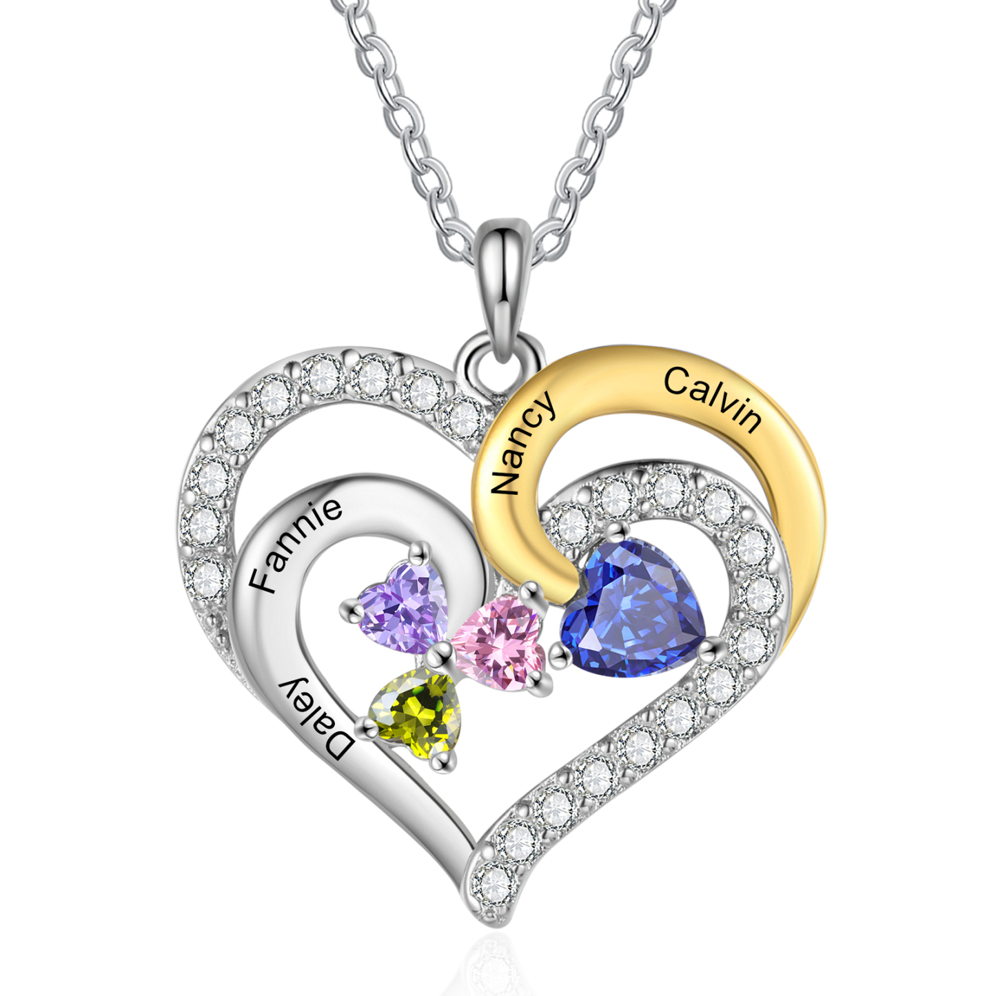 Personalisierte 2-4 Namen & Geburtssteinen Silberne & Goldene Doppelherz-Halskette mit Zirkonia