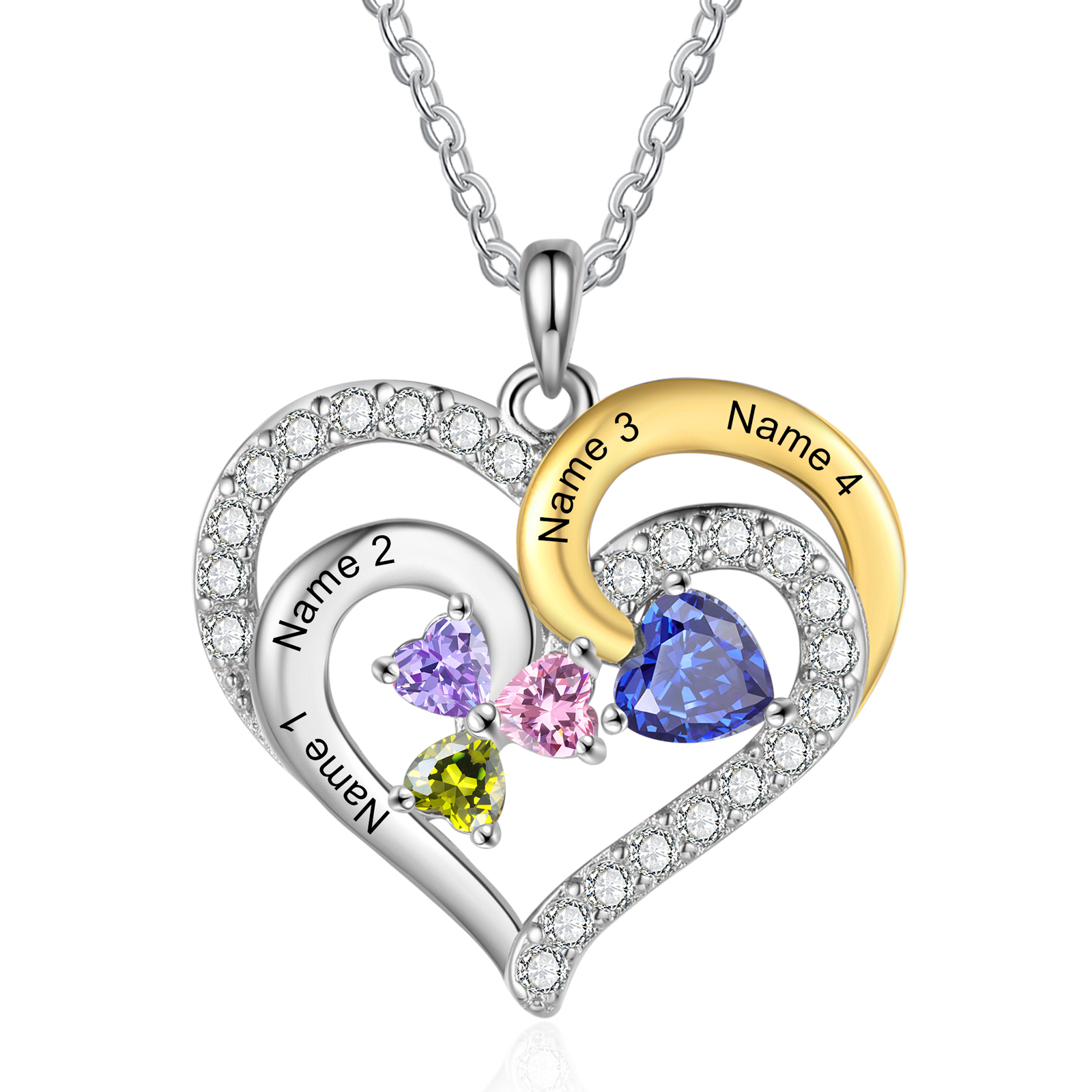 Personalisierte 2-4 Namen & Geburtssteinen Silberne & Goldene Doppelherz-Halskette mit Zirkonia