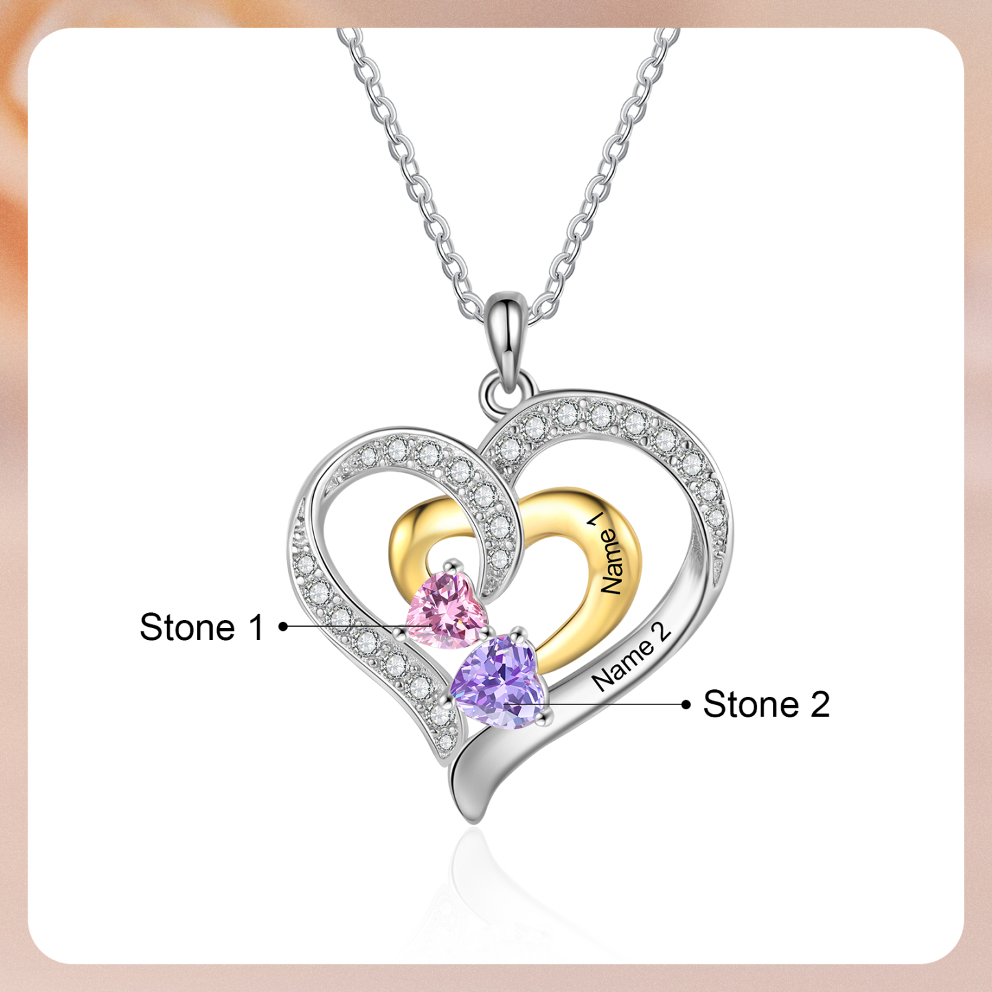 Personalisierte 2-3 Namen & 2-3 Geburtssteinen Silber-Gold Doppelherz-Halskette mit Zirkonia