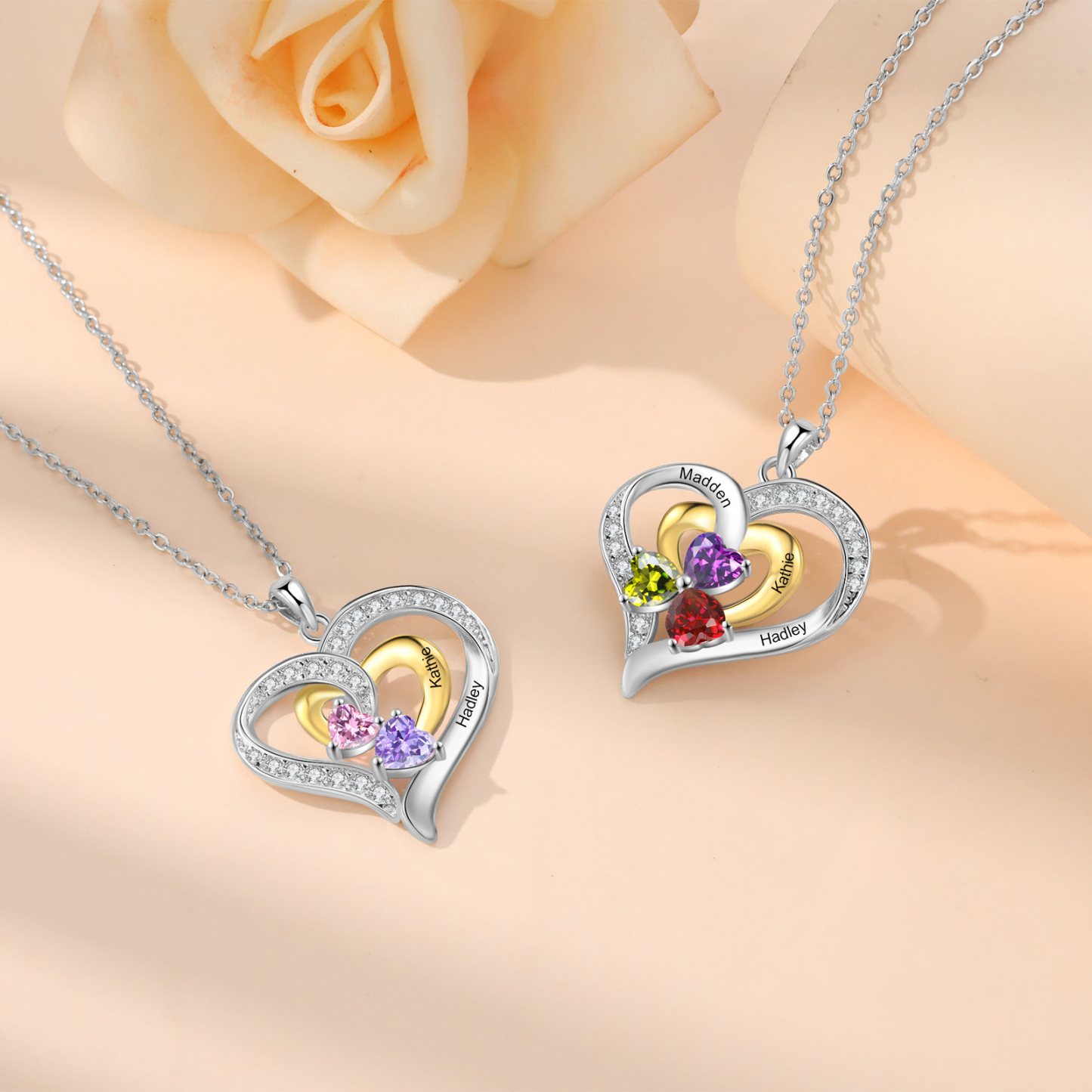 Personalisierte 2-3 Namen & 2-3 Geburtssteinen Silber-Gold Doppelherz-Halskette mit Zirkonia