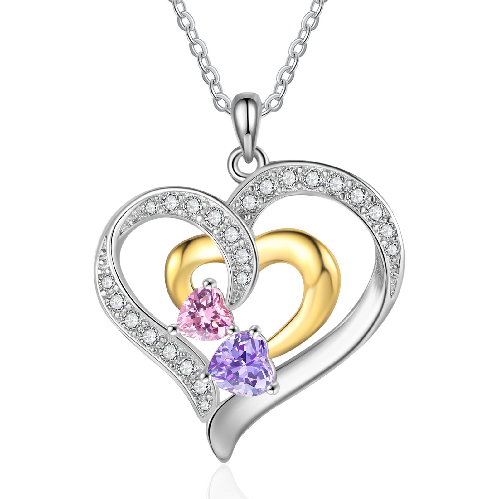 Personalisierte 2-3 Namen & 2-3 Geburtssteinen Silber-Gold Doppelherz-Halskette mit Zirkonia