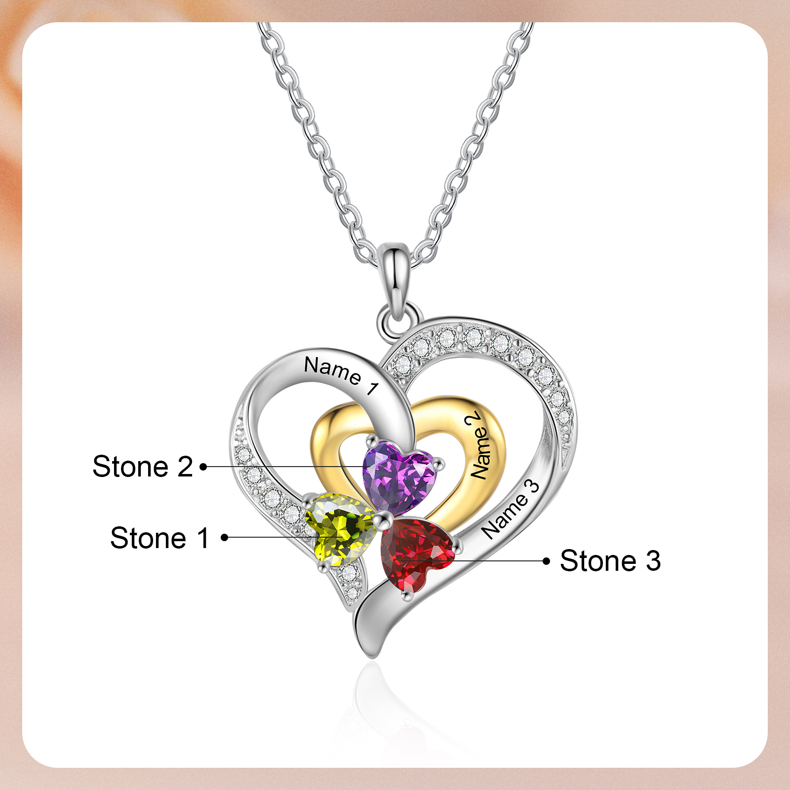 Personalisierte 2-3 Namen & 2-3 Geburtssteinen Silber-Gold Doppelherz-Halskette mit Zirkonia