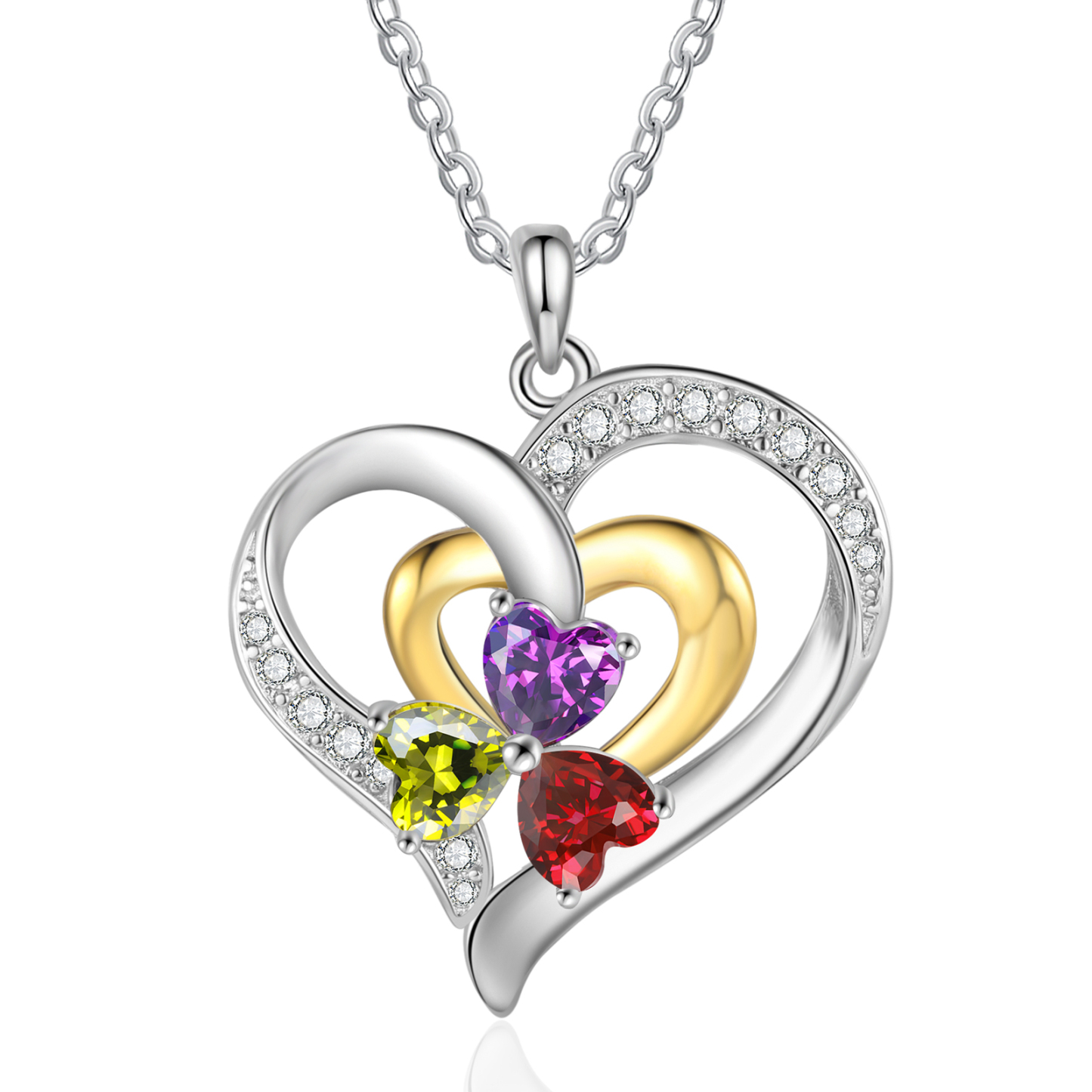 Personalisierte 2-3 Namen & 2-3 Geburtssteinen Silber-Gold Doppelherz-Halskette mit Zirkonia