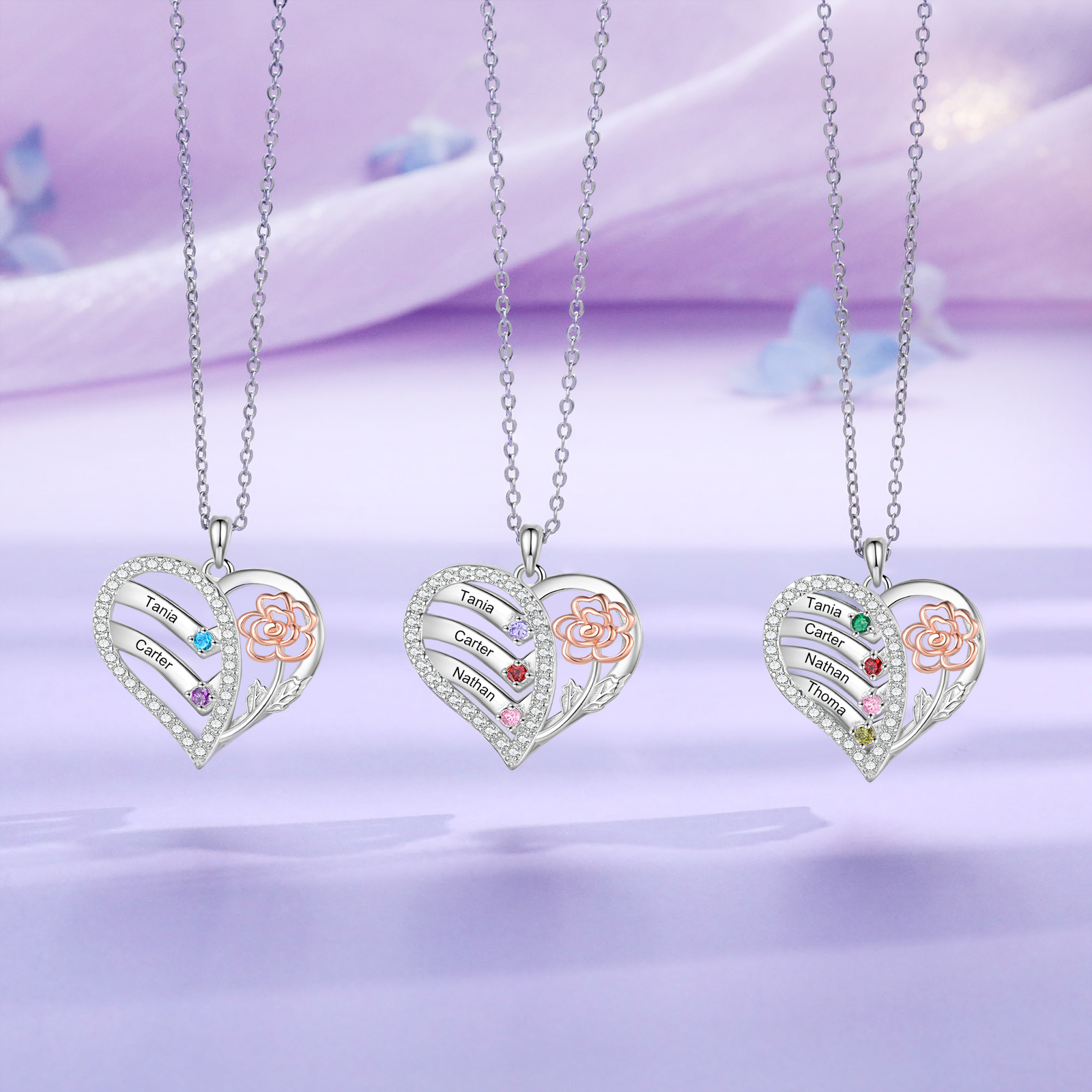 Personalisierte 2 - 4 Namen & Geburtssteinen Herz Halskette mit Rosa