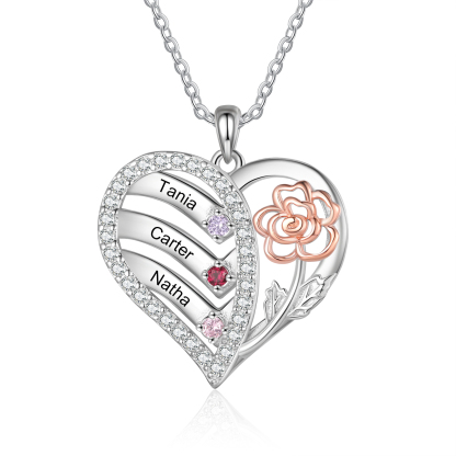 Personalisierte 2 - 4 Namen & Geburtssteinen Herz Halskette mit Rosa