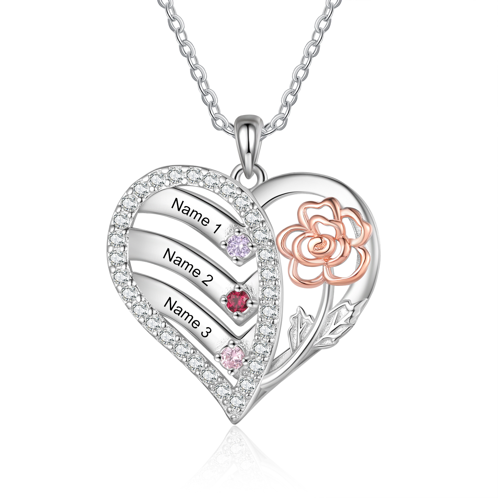 Personalisierte 2 - 4 Namen & Geburtssteinen Herz Halskette mit Rosa