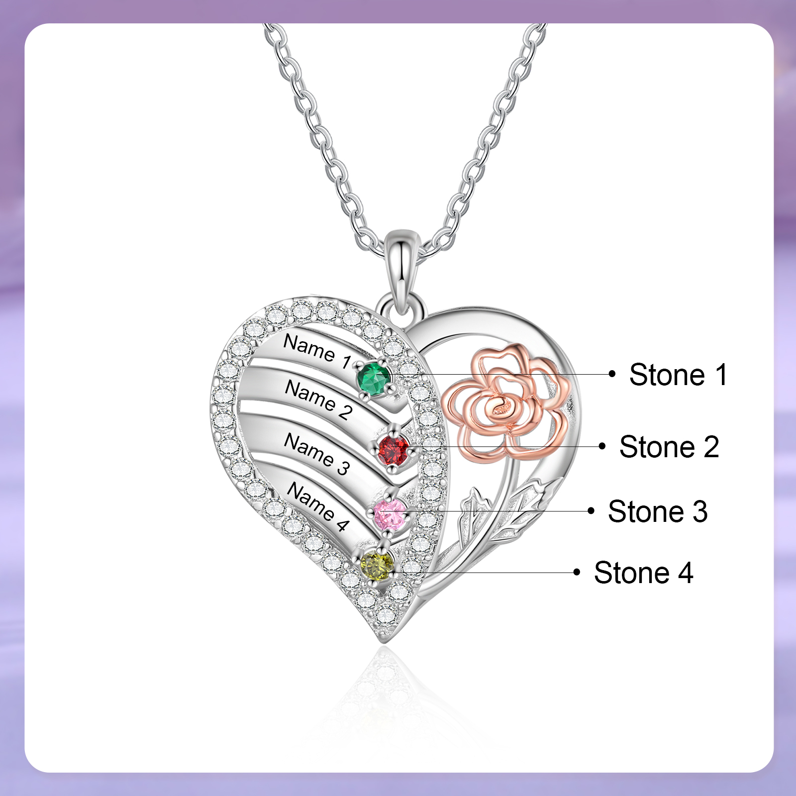 Personalisierte 2 - 4 Namen & Geburtssteinen Herz Halskette mit Rosa
