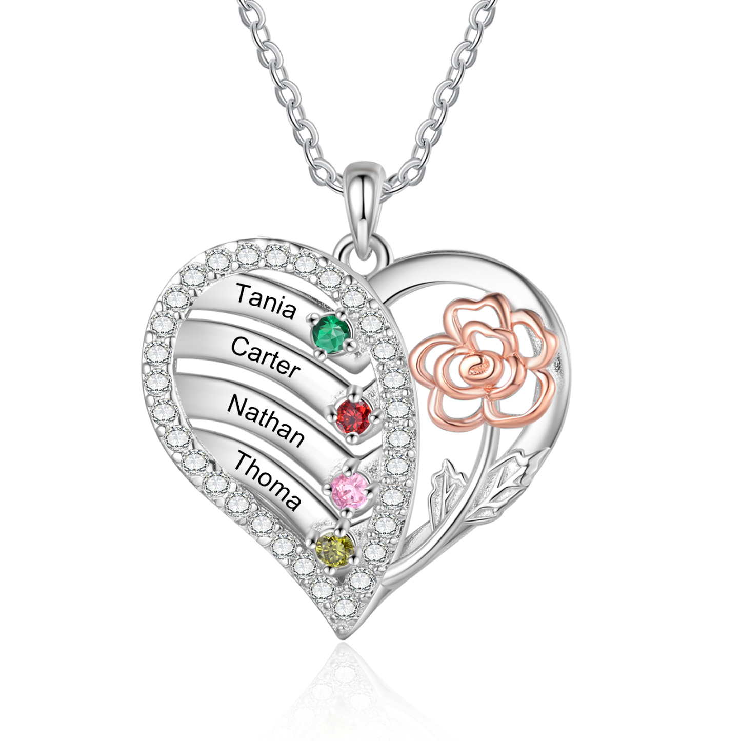 Personalisierte 2 - 4 Namen & Geburtssteinen Herz Halskette mit Rosa