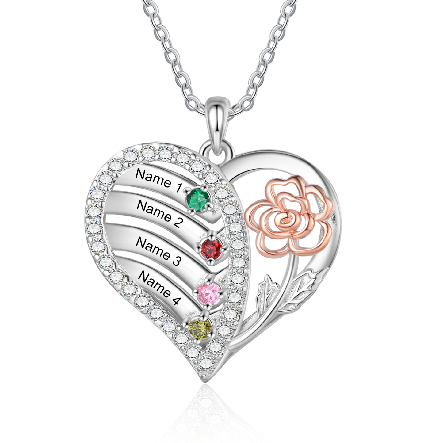 Personalisierte 2 - 4 Namen & Geburtssteinen Herz Halskette mit Rosa