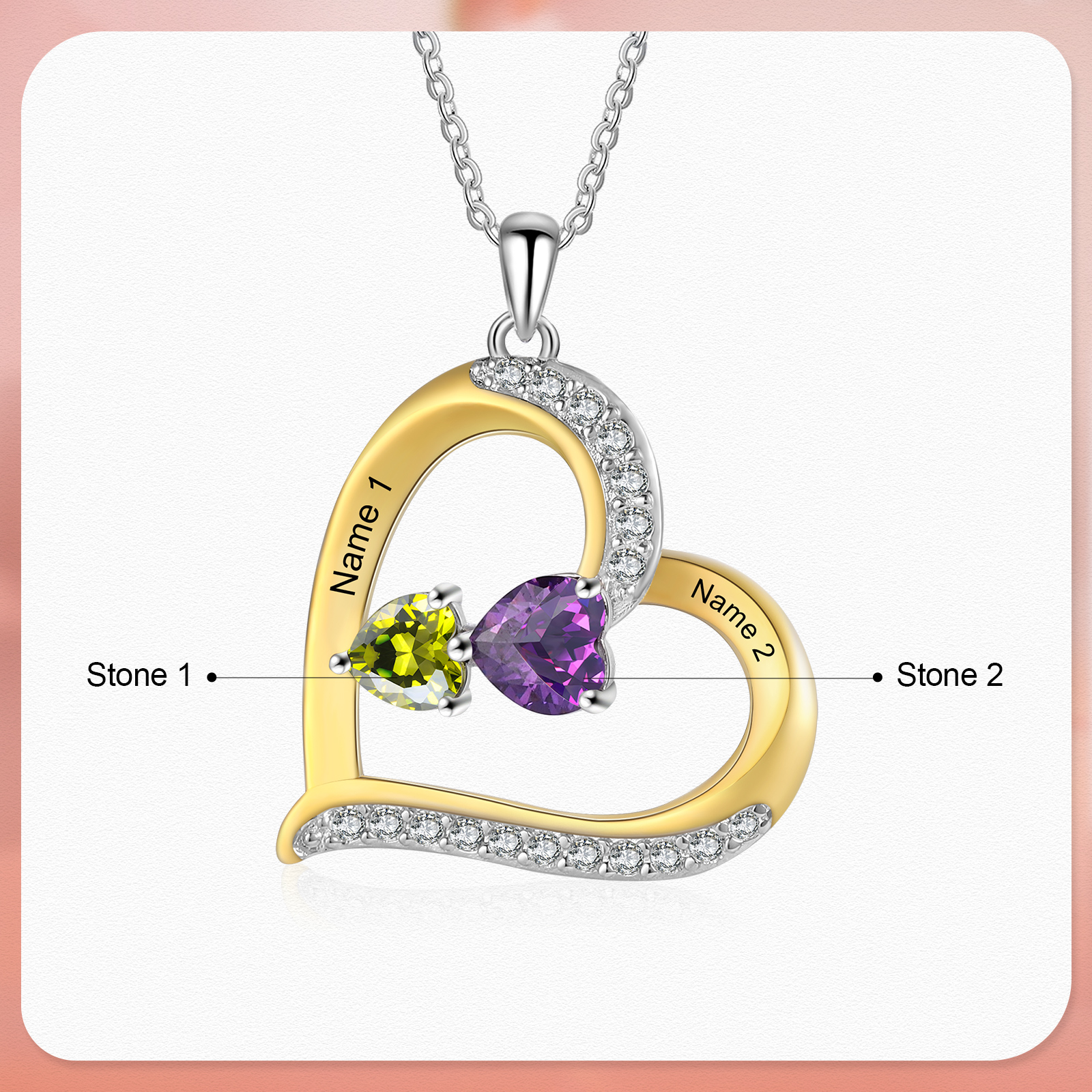 Personalisierte 2-4 Namen & 2-4 Geburtssteinen Silber-Gold-Herz Halskette mit Zirkonia