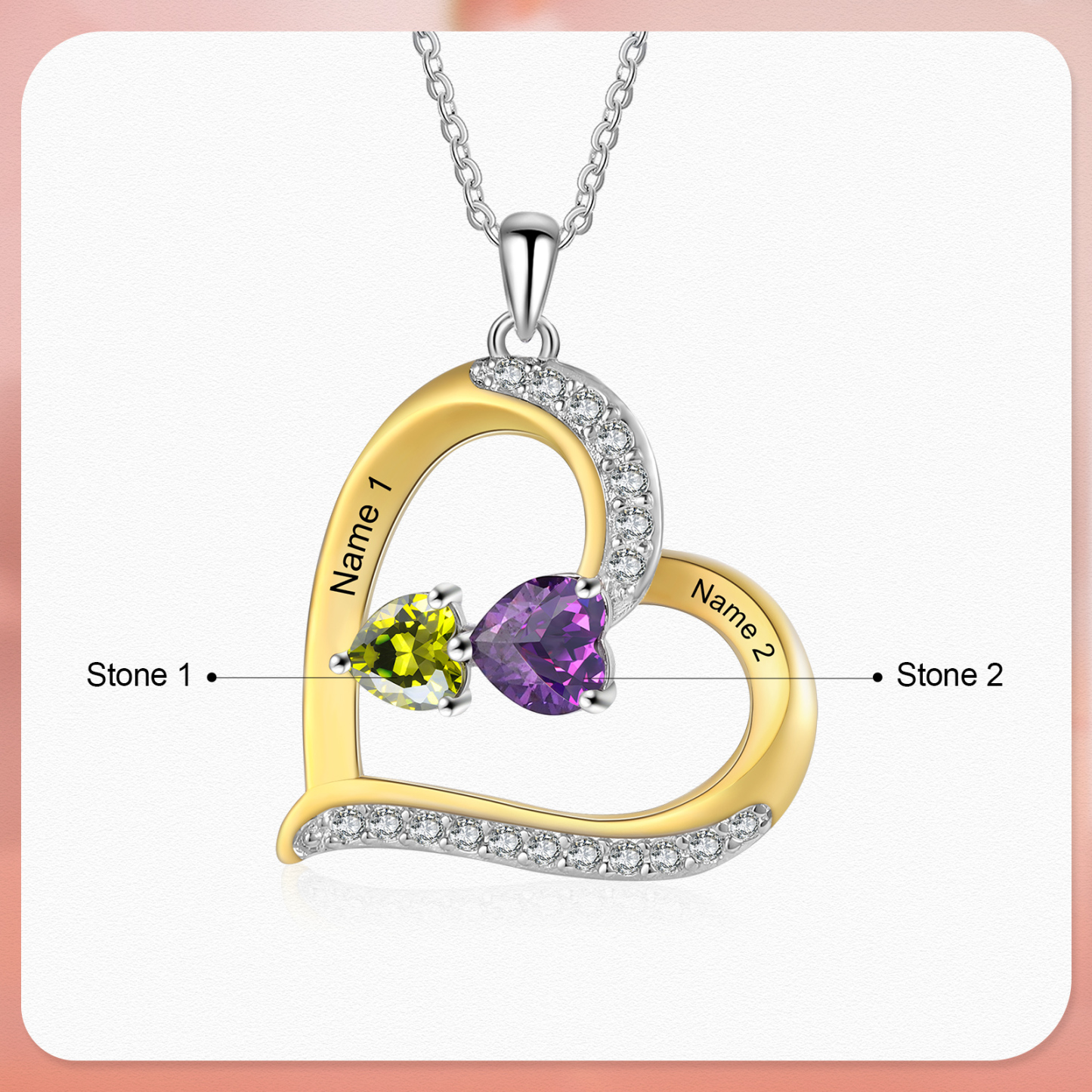 Personalisierte 2-4 Namen & 2-4 Geburtssteinen Silber-Gold-Herz Halskette mit Zirkonia