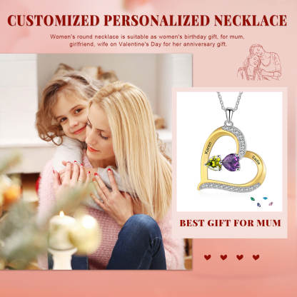 Personalisierte 2-4 Namen & 2-4 Geburtssteinen Silber-Gold-Herz Halskette mit Zirkonia