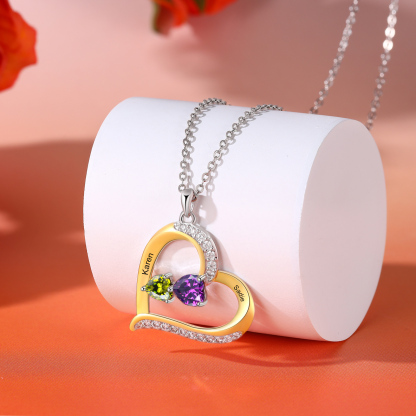 Personalisierte 2-4 Namen & 2-4 Geburtssteinen Silber-Gold-Herz Halskette mit Zirkonia