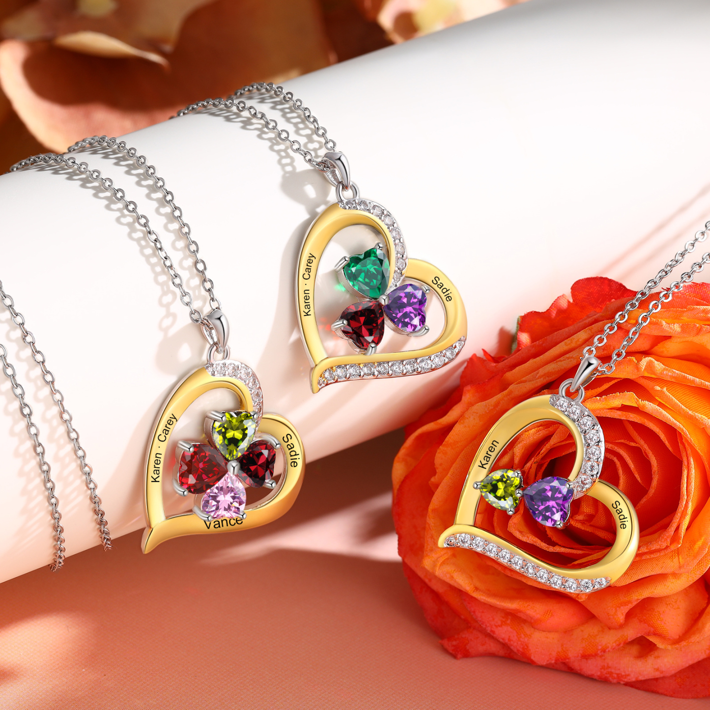 Personalisierte 2-4 Namen & 2-4 Geburtssteinen Silber-Gold-Herz Halskette mit Zirkonia