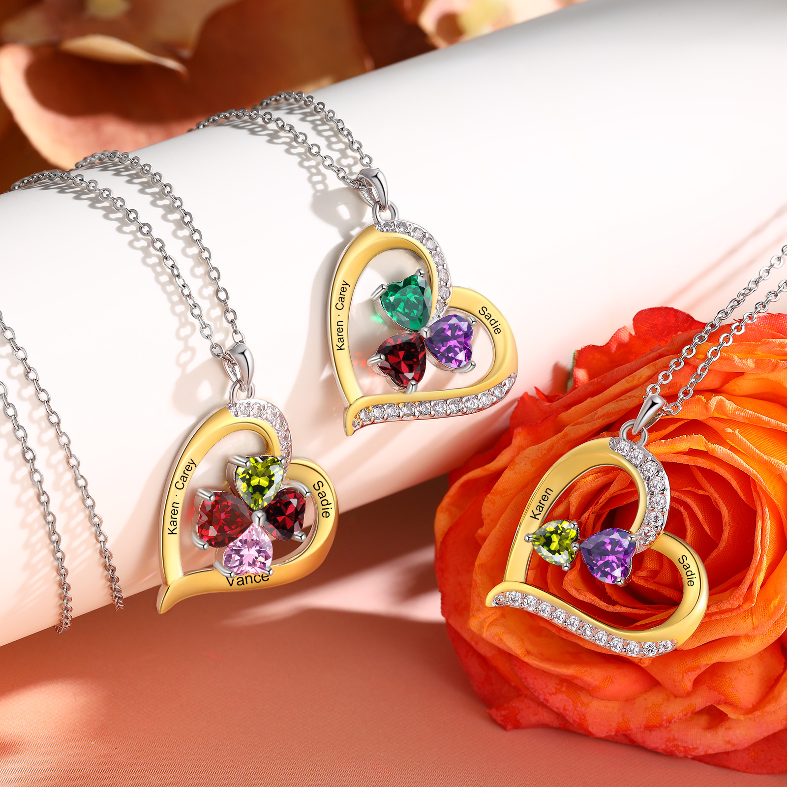 Personalisierte 2-4 Namen & 2-4 Geburtssteinen Silber-Gold-Herz Halskette mit Zirkonia