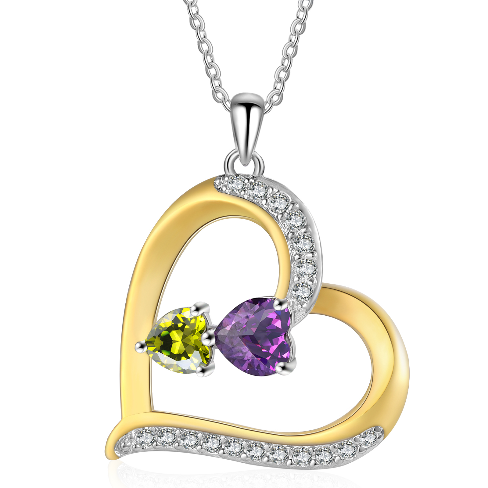 Personalisierte 2-4 Namen & 2-4 Geburtssteinen Silber-Gold-Herz Halskette mit Zirkonia