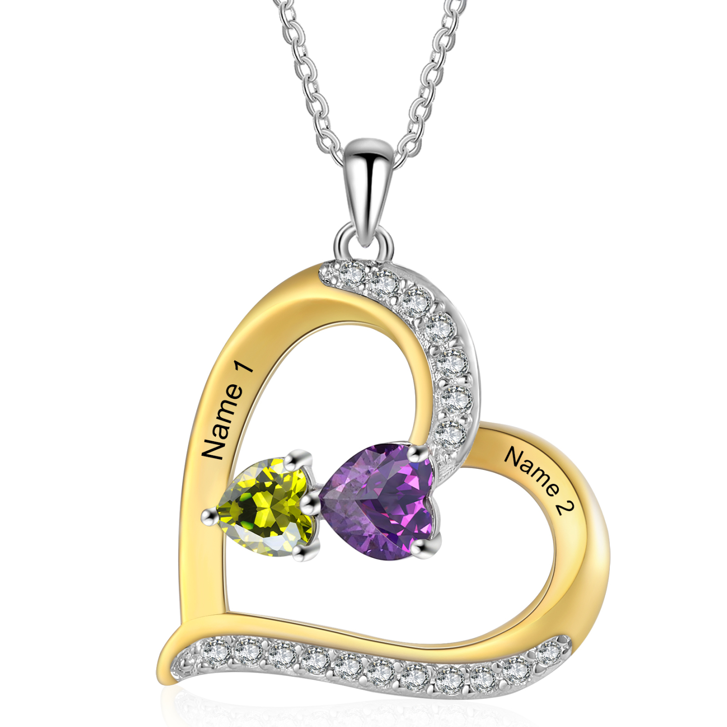 Personalisierte 2-4 Namen & 2-4 Geburtssteinen Silber-Gold-Herz Halskette mit Zirkonia