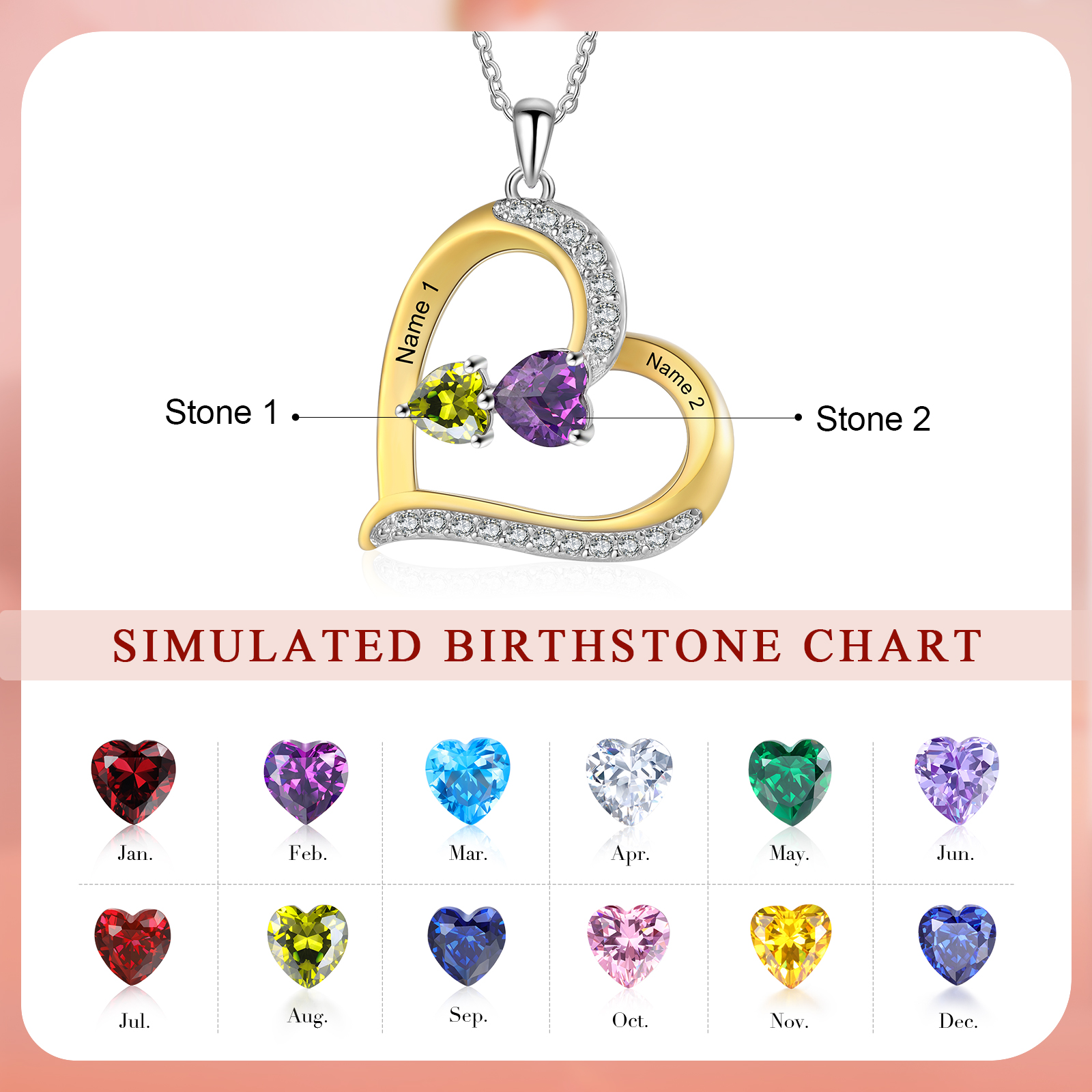 Personalisierte 2-4 Namen & 2-4 Geburtssteinen Silber-Gold-Herz Halskette mit Zirkonia