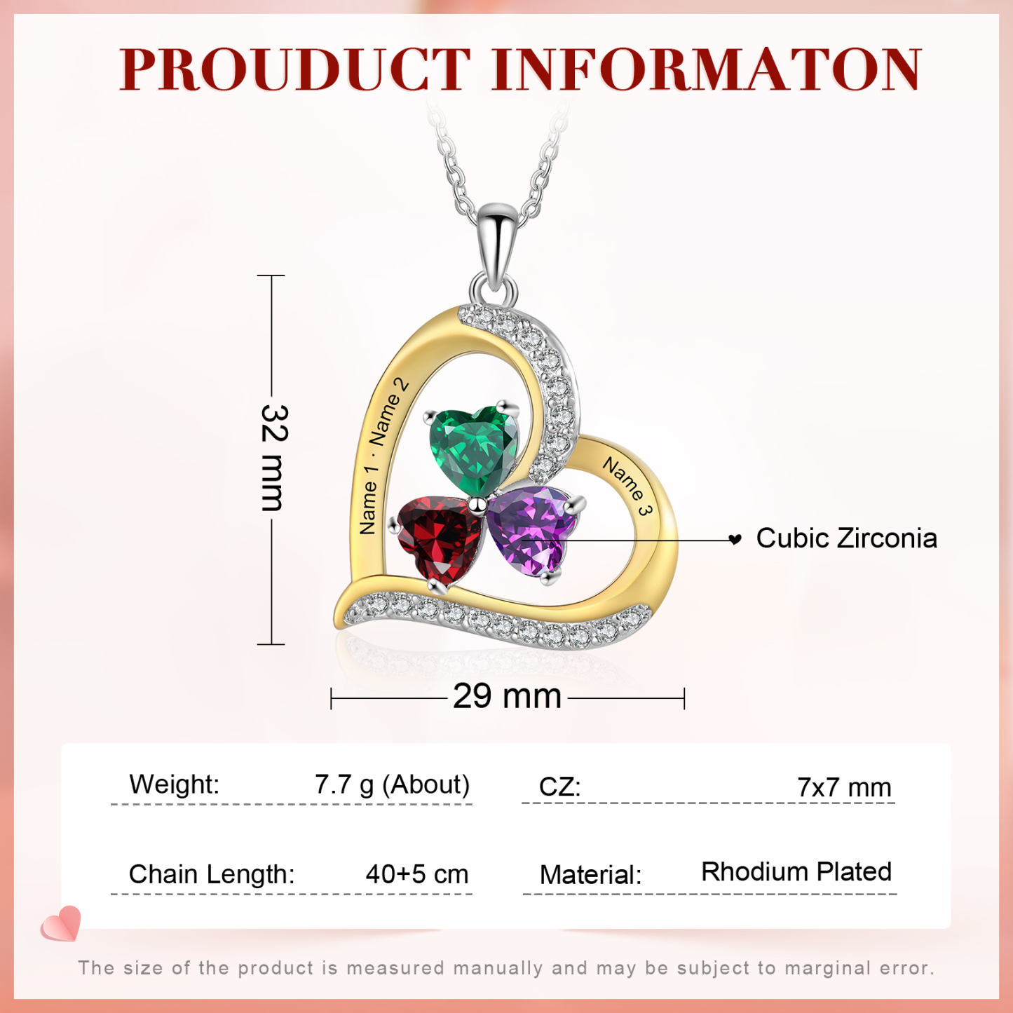 Personalisierte 2-4 Namen & 2-4 Geburtssteinen Silber-Gold-Herz Halskette mit Zirkonia