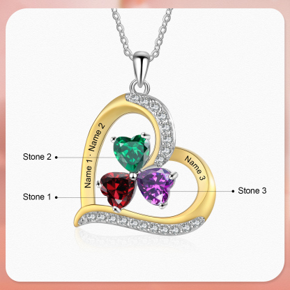 Personalisierte 2-4 Namen & 2-4 Geburtssteinen Silber-Gold-Herz Halskette mit Zirkonia