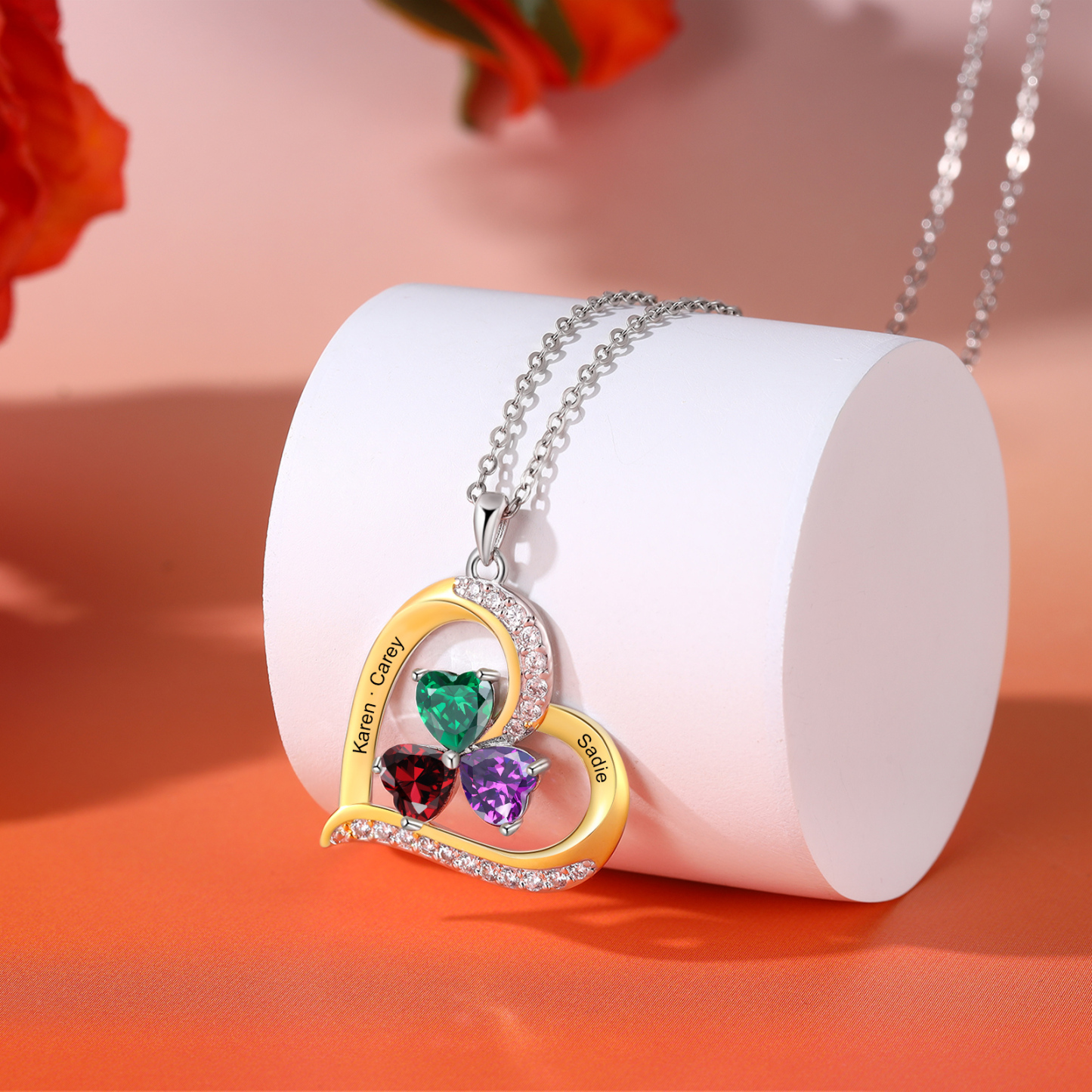 Personalisierte 2-4 Namen & 2-4 Geburtssteinen Silber-Gold-Herz Halskette mit Zirkonia