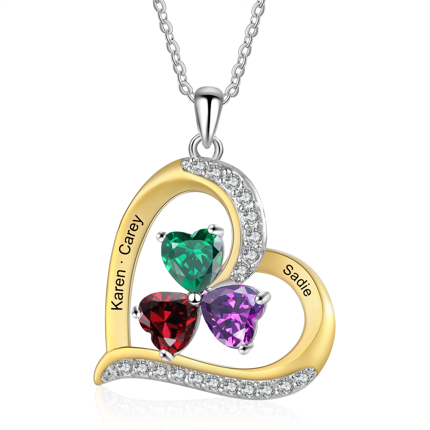 Personalisierte 2-4 Namen & 2-4 Geburtssteinen Silber-Gold-Herz Halskette mit Zirkonia