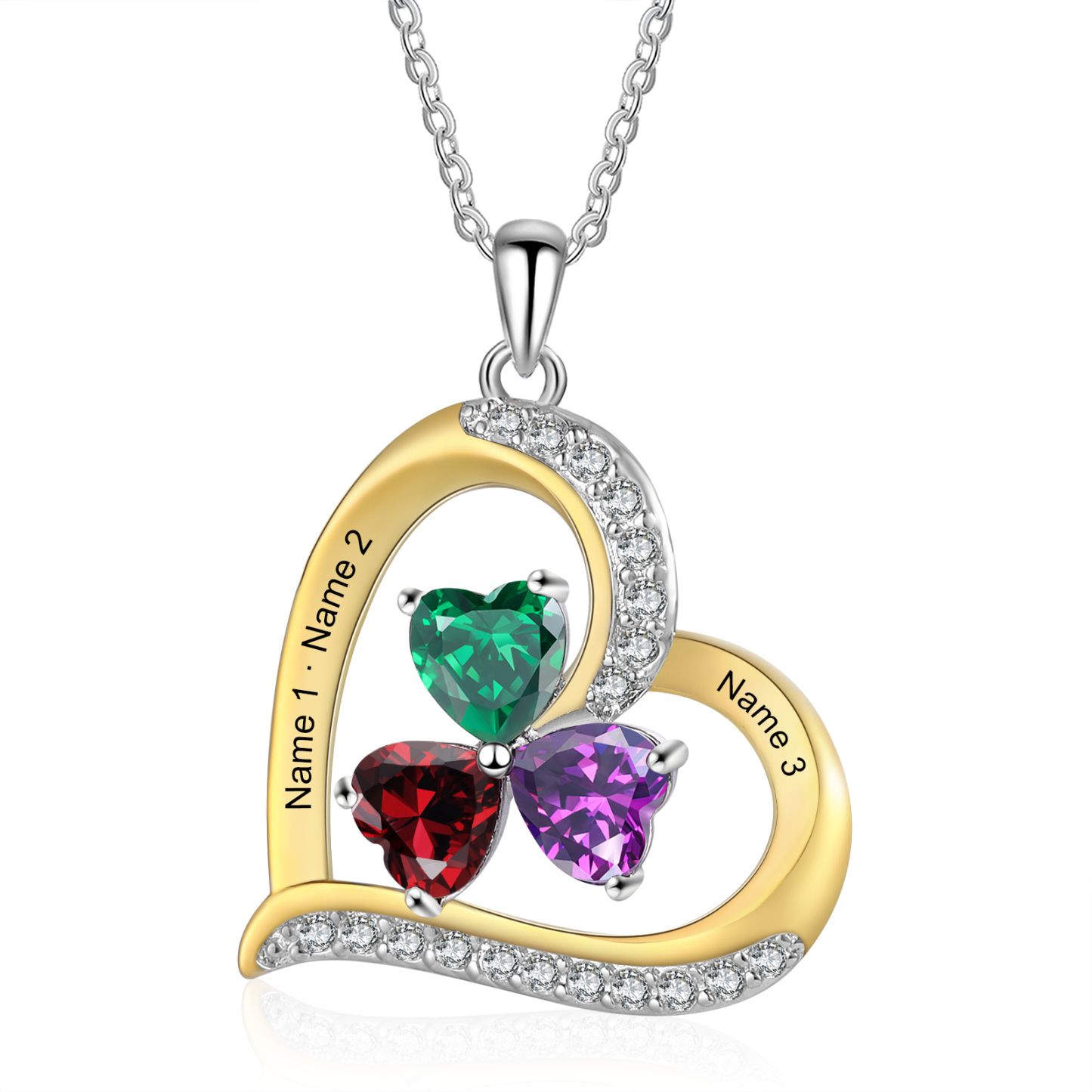 Personalisierte 2-4 Namen & 2-4 Geburtssteinen Silber-Gold-Herz Halskette mit Zirkonia