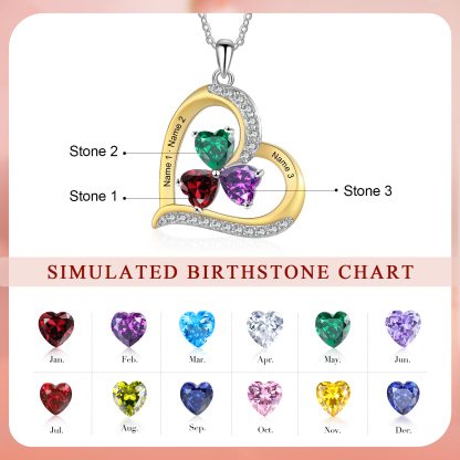 Personalisierte 2-4 Namen & 2-4 Geburtssteinen Silber-Gold-Herz Halskette mit Zirkonia