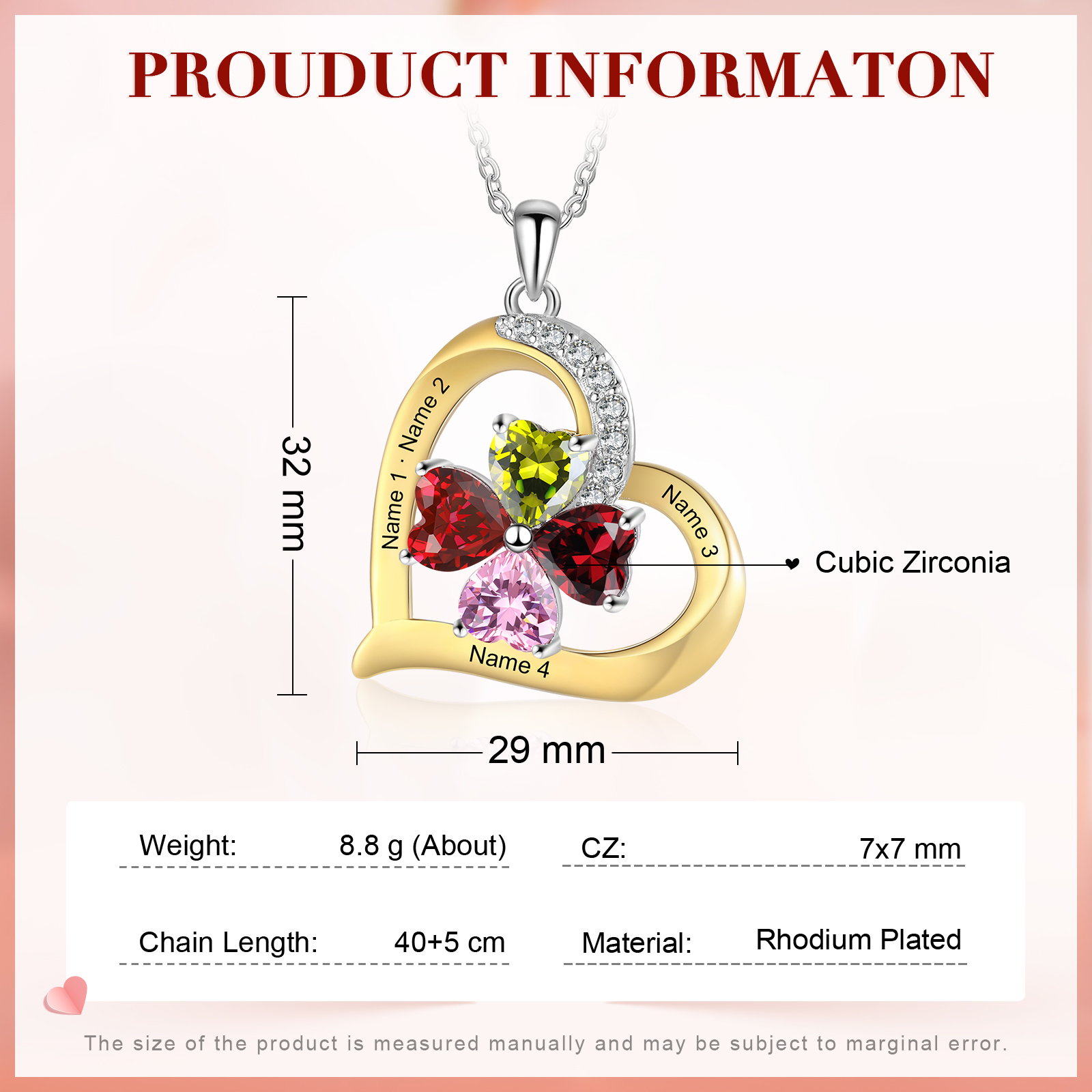 Personalisierte 2-4 Namen & 2-4 Geburtssteinen Silber-Gold-Herz Halskette mit Zirkonia