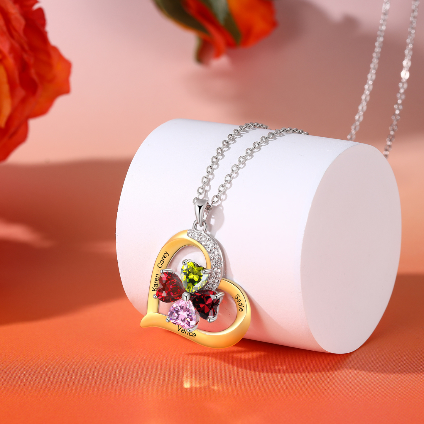 Personalisierte 2-4 Namen & 2-4 Geburtssteinen Silber-Gold-Herz Halskette mit Zirkonia