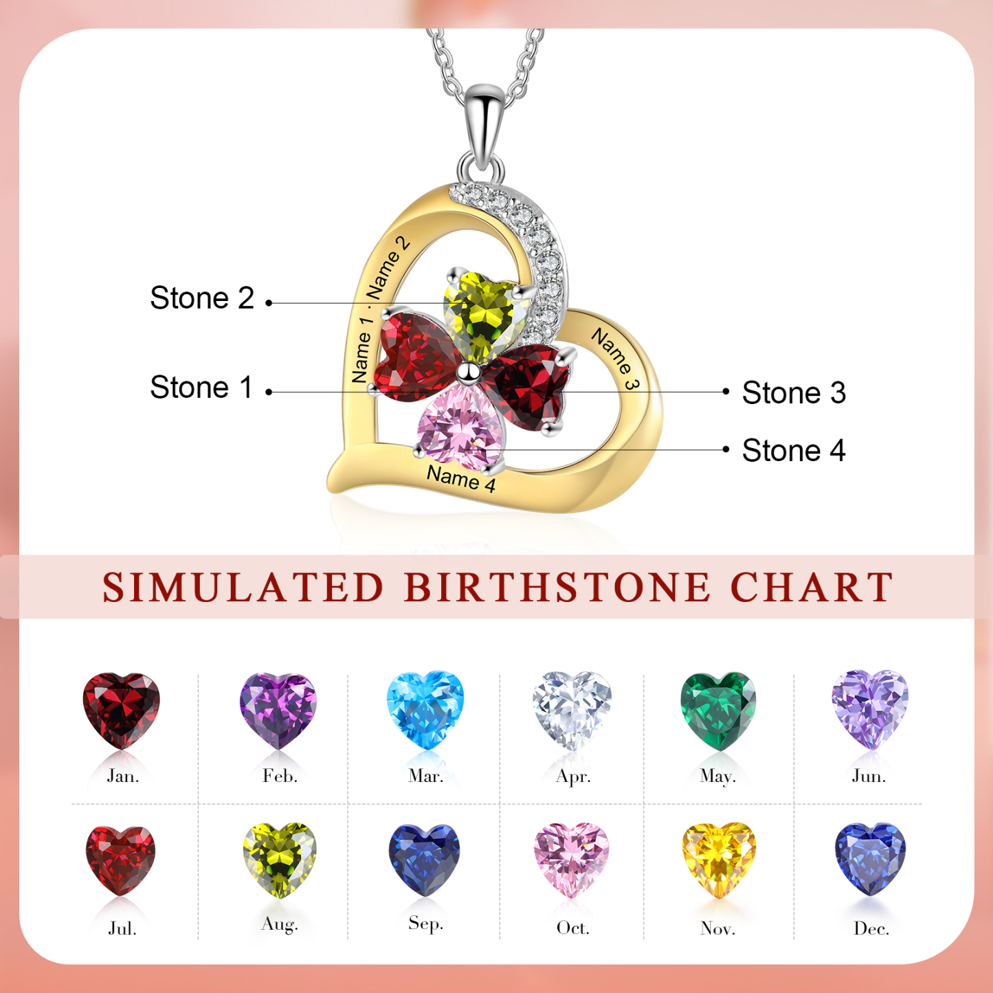 Personalisierte 2-4 Namen & 2-4 Geburtssteinen Silber-Gold-Herz Halskette mit Zirkonia