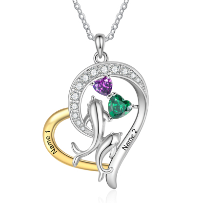 Personalisierte 2-4 Namen & 2-4 Geburtssteinen Silber Delfin Herz-Halskette