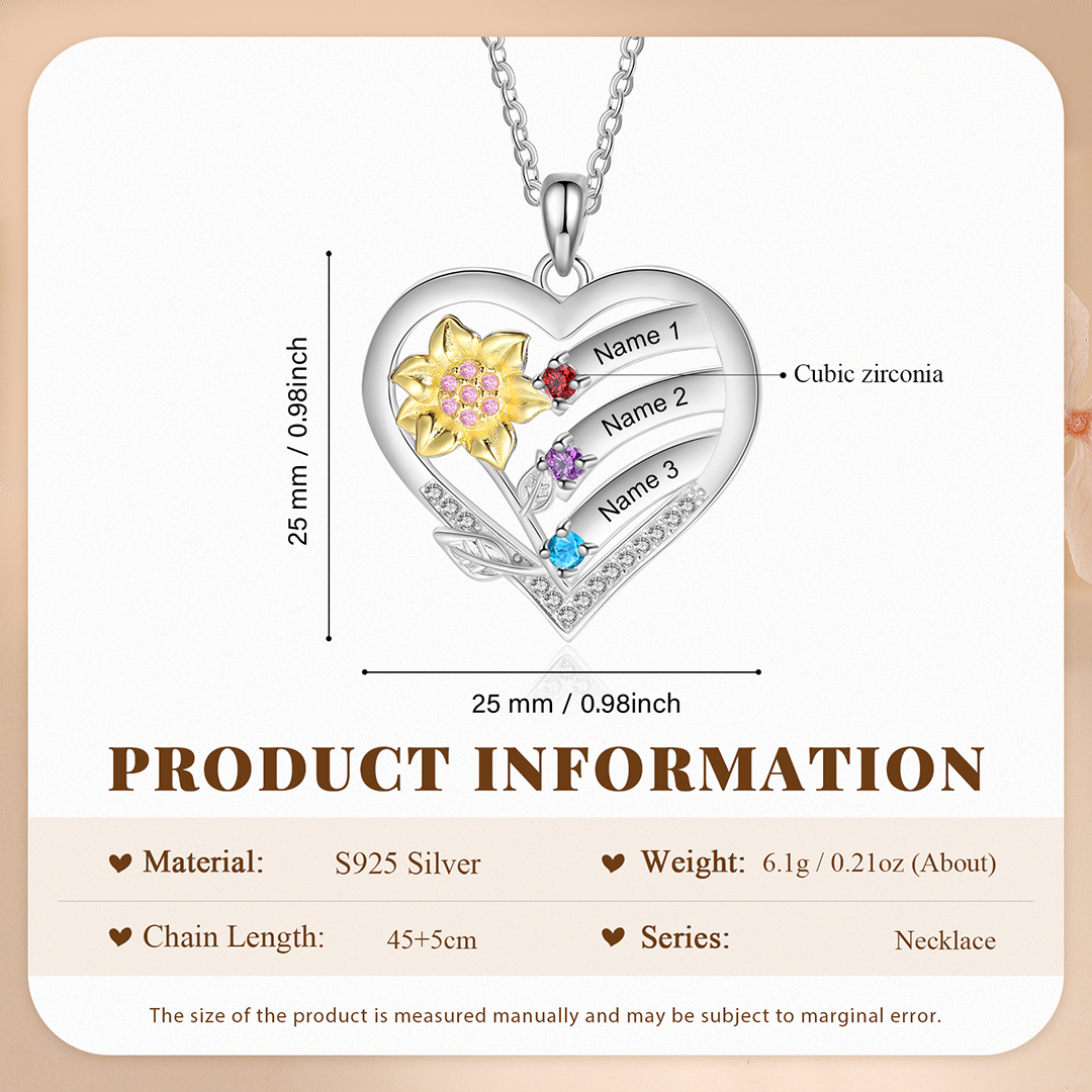 925 Sterling Silber Personalisierte 3 Namen & Geburtssteine Herz Sonnenblume elegante Damen Halskette mit Zirkonia 