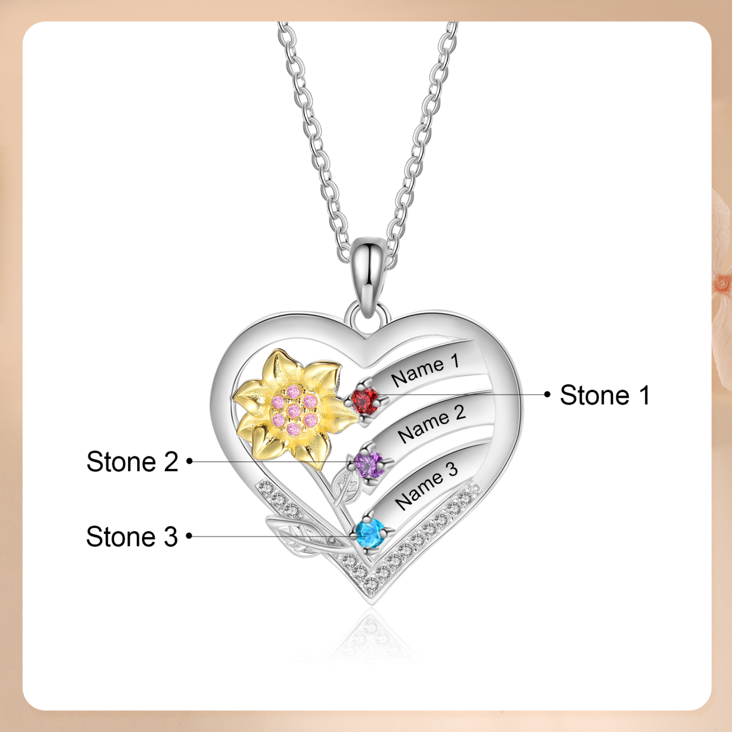 925 Sterling Silber Personalisierte 3 Namen & Geburtssteine Herz Sonnenblume elegante Damen Halskette mit Zirkonia
