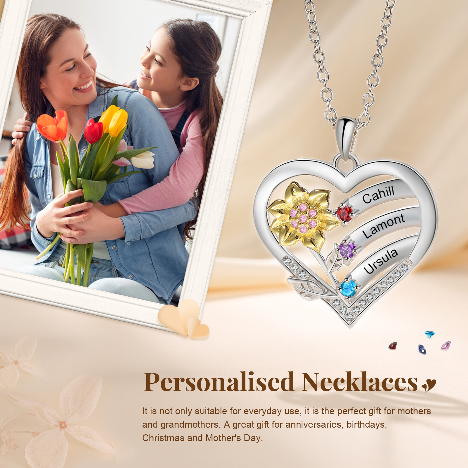 925 Sterling Silber Personalisierte 3 Namen & Geburtssteine Herz Sonnenblume elegante Damen Halskette mit Zirkonia 