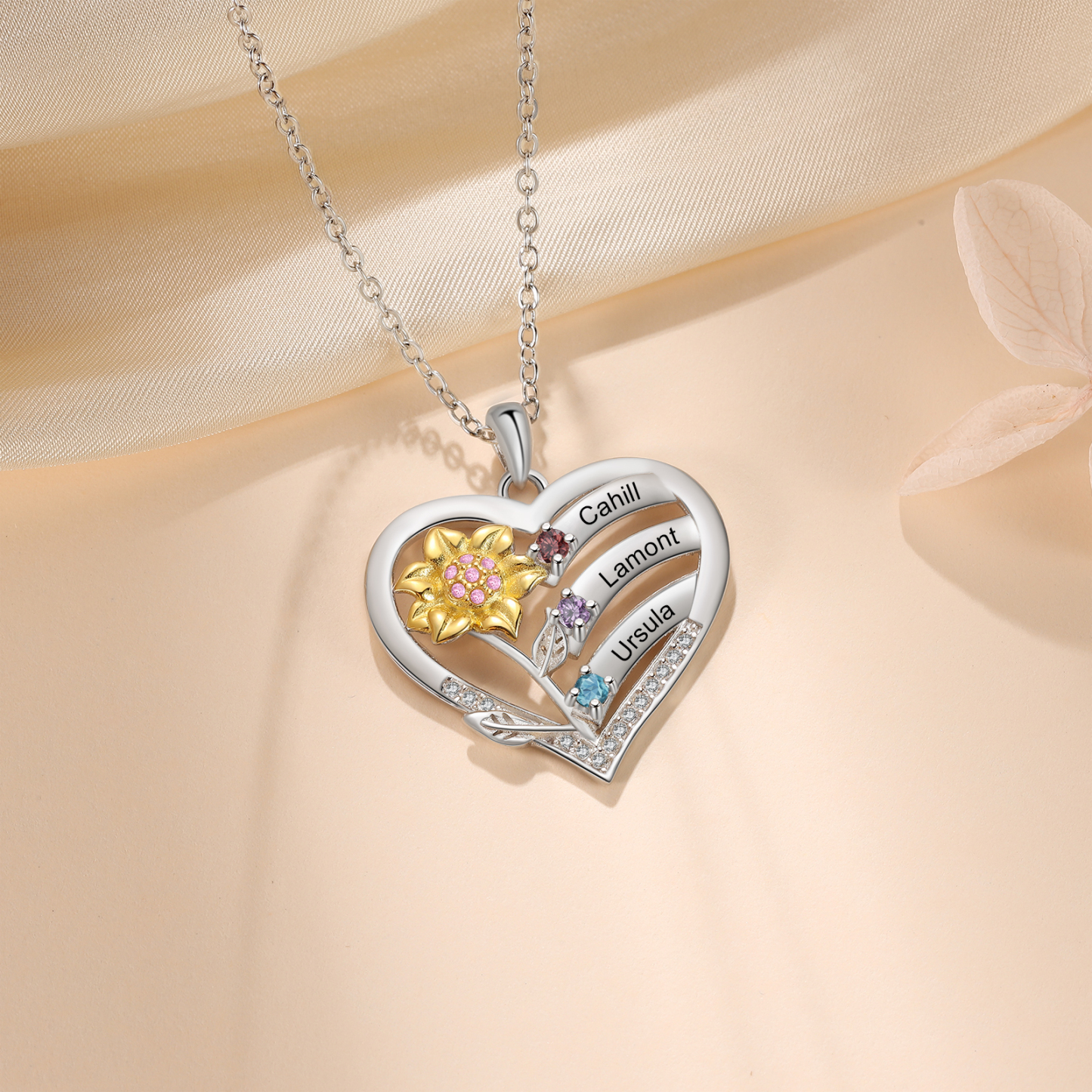 925 Sterling Silber Personalisierte 3 Namen & Geburtssteine Herz Sonnenblume elegante Damen Halskette mit Zirkonia
