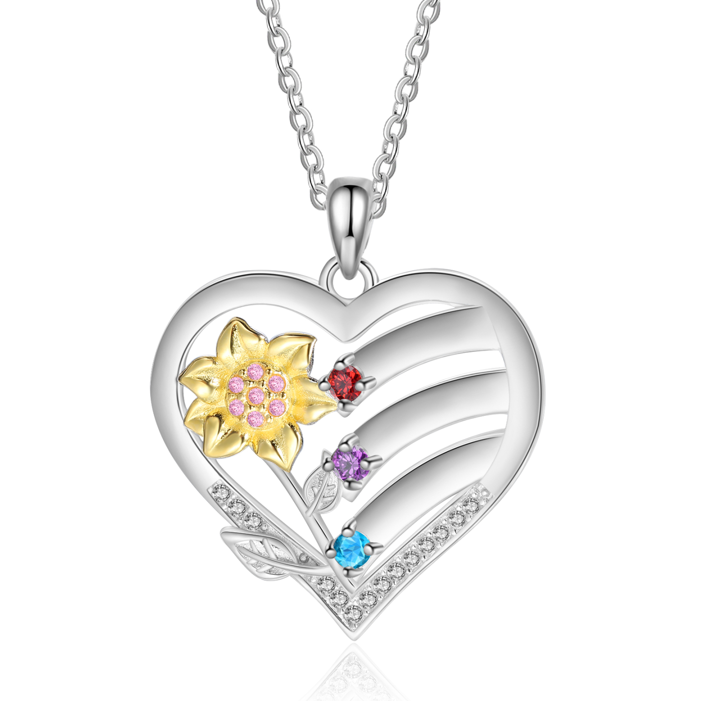 925 Sterling Silber Personalisierte 3 Namen & Geburtssteine Herz Sonnenblume elegante Damen Halskette mit Zirkonia