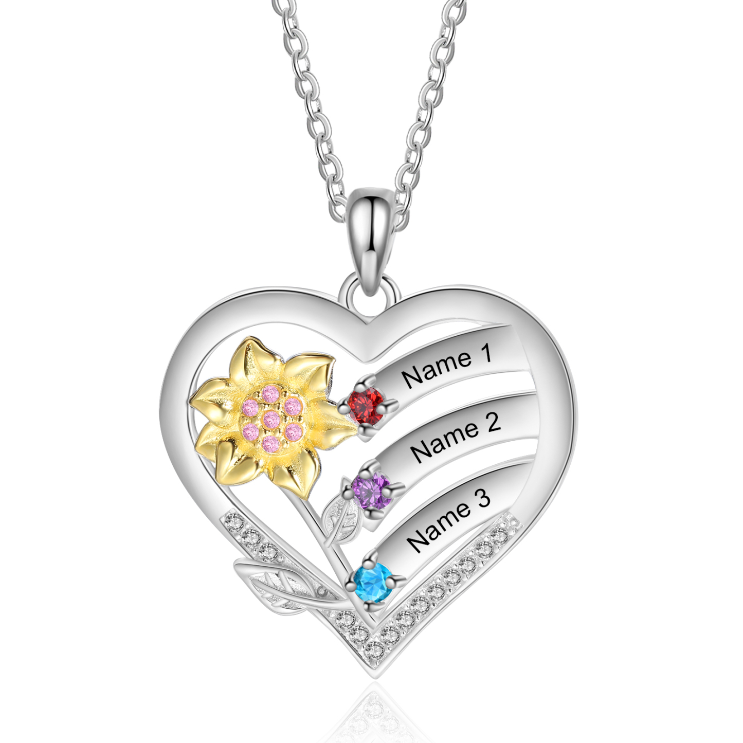 925 Sterling Silber Personalisierte 3 Namen & Geburtssteine Herz Sonnenblume elegante Damen Halskette mit Zirkonia