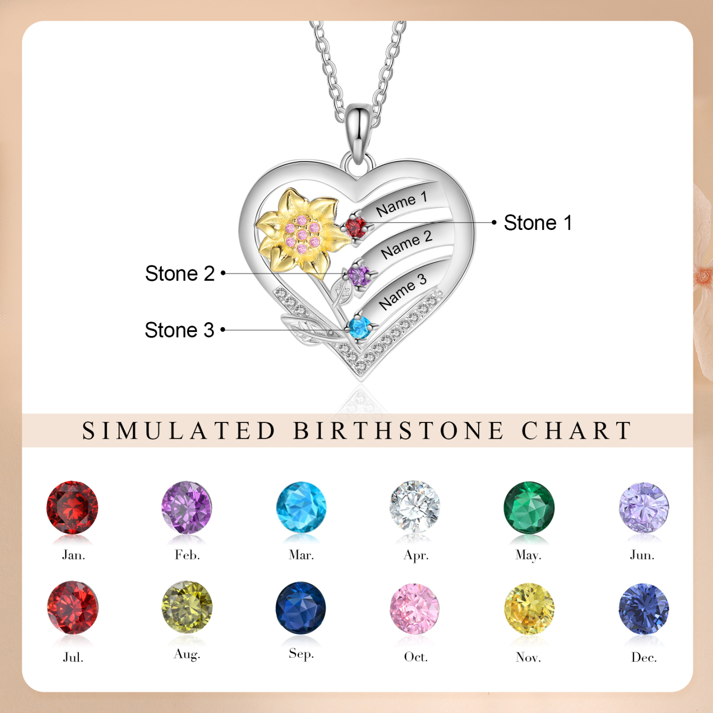 925 Sterling Silber Personalisierte 3 Namen & Geburtssteine Herz Sonnenblume elegante Damen Halskette mit Zirkonia