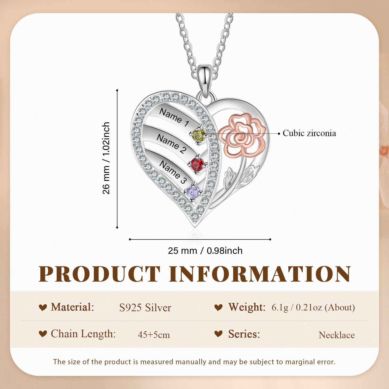 925 Sterling Silber Personalisierte 3 Namen & Geburtssteine Herz Rose elegante Damen Halskette mit Zirkonia 